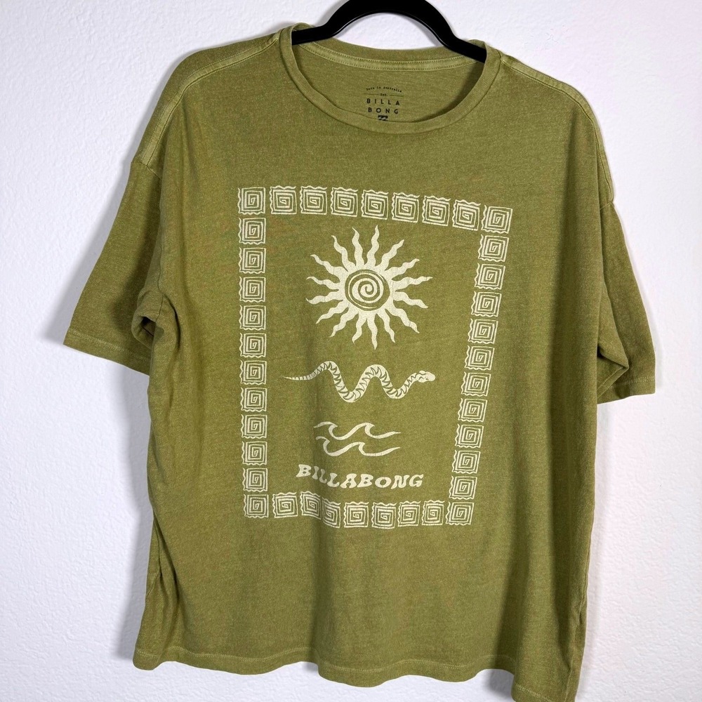 Billabong Graphic Tee Women Size Medium Olive Green Sun Snake Short Sleeve Shirt